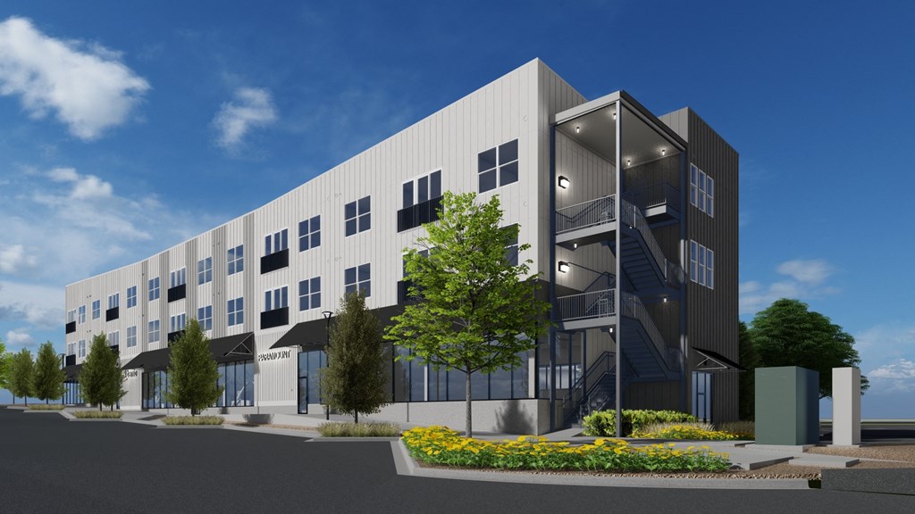 a rendering of the exterior of West Row Lofts and Townhomes in Birmingham, AL